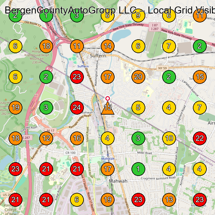 BergenCountyAutoGroup LLC Used Car Dealer GeoGrid ranking map for Mahwah NJ